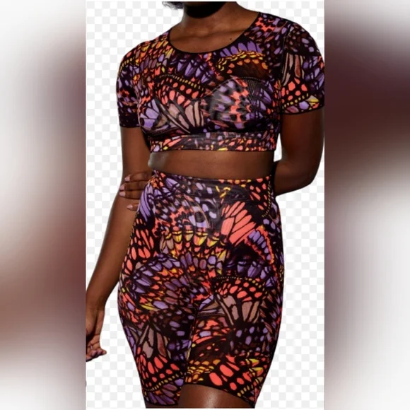 NWT YITTY Butterfly Print Mesh Me Smoothing Midi Top And High Rise Short - Picture 2 of 9